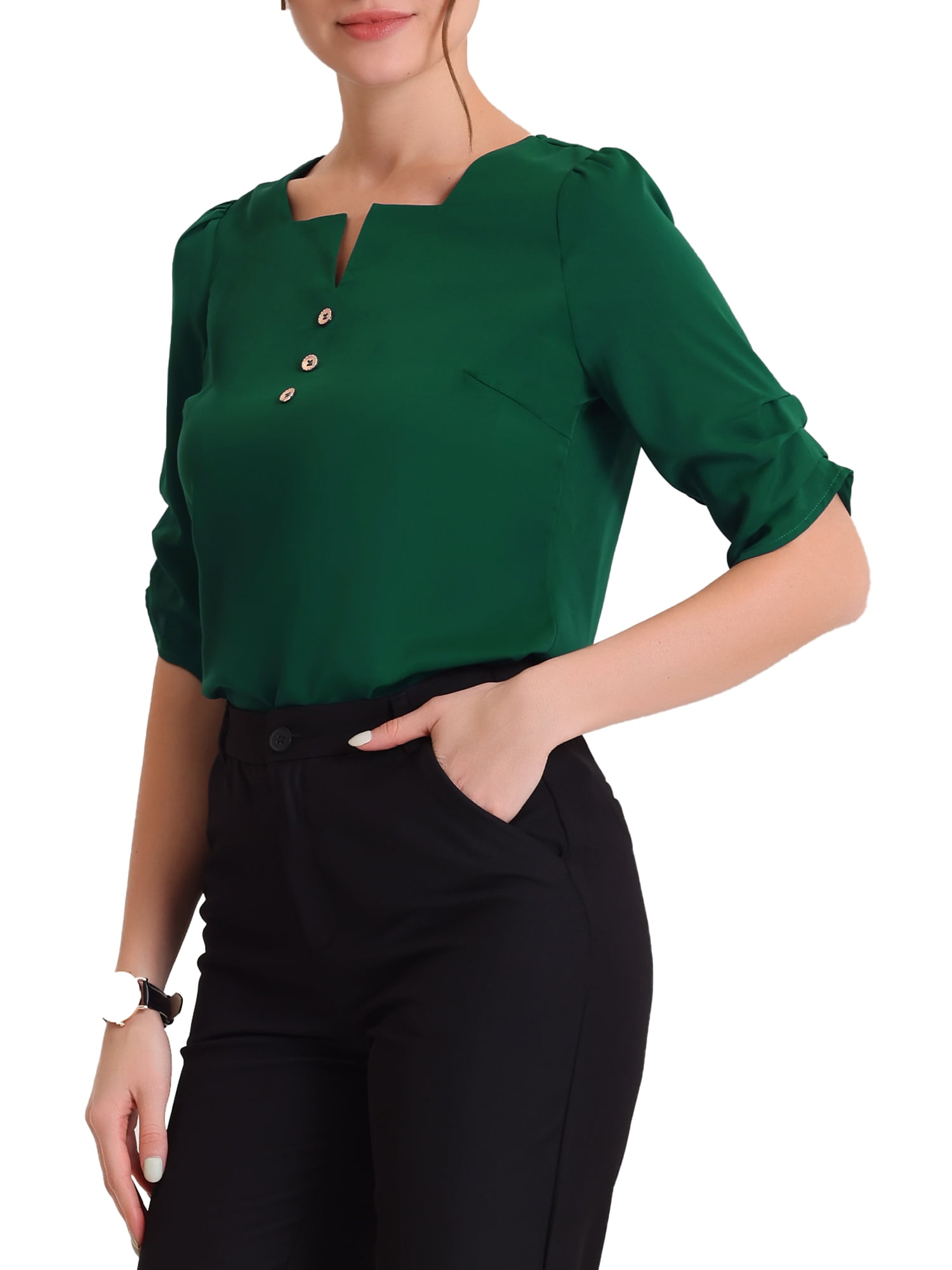 Unique Bargains Women's Pleated Short Sleeve Square Work Blouse Top Dark Green XS