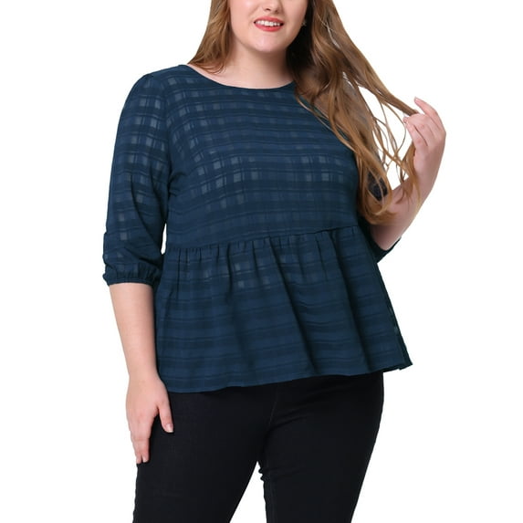 Unique Bargains Women's Plus 3/4 Puff Sleeve Tops Lace Ruffle Peplum Blouses 2X Navy Blue