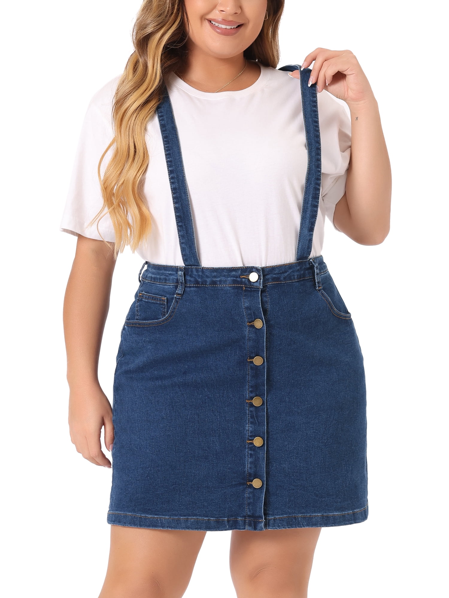 DARING DIVA Women's Plus Size Suspender Adjustable Strap Denim A-Line Dress 1X Dark Blue