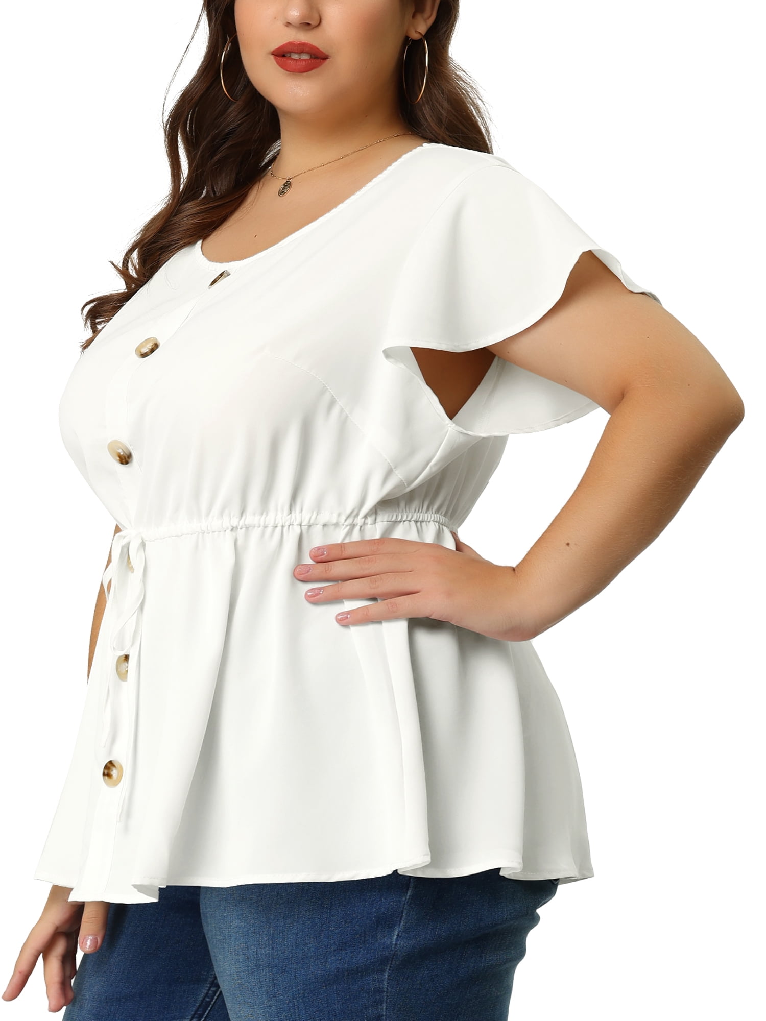 Unique Bargains Women's Plus Blouse Button Decor Drawstring Elastic Back Summer Tops 2X White