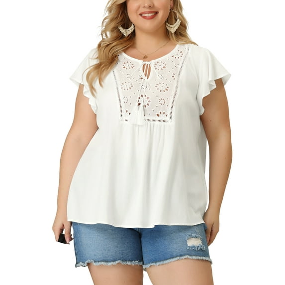 Unique Bargains Women's Plus Blouse Ruffle Sleeve Lace Trim Tie Neck Peasant Top 1X White