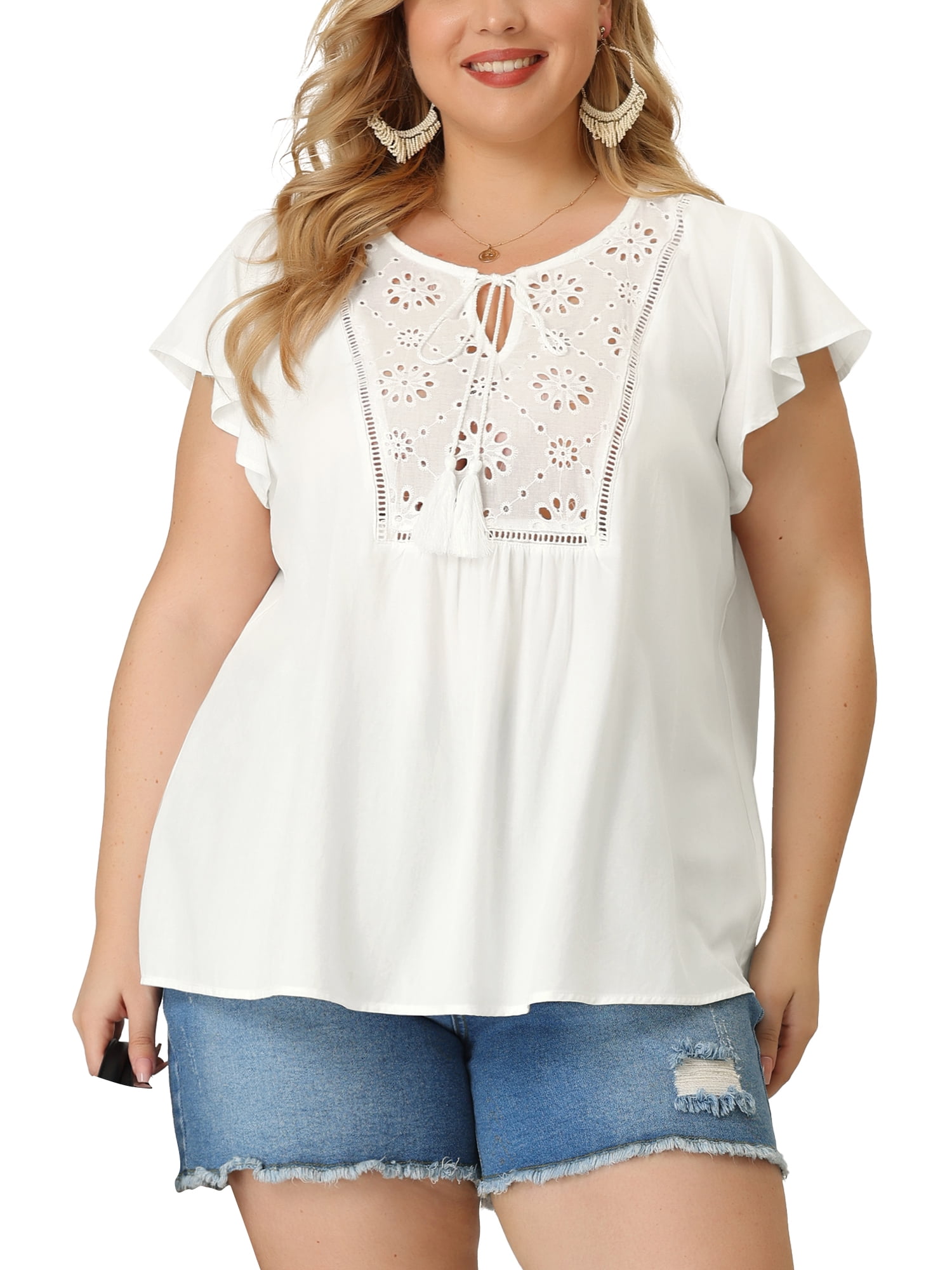 Unique Bargains Women's Plus Blouse Ruffle Sleeve Lace Trim Tie Neck Peasant Top 4X White