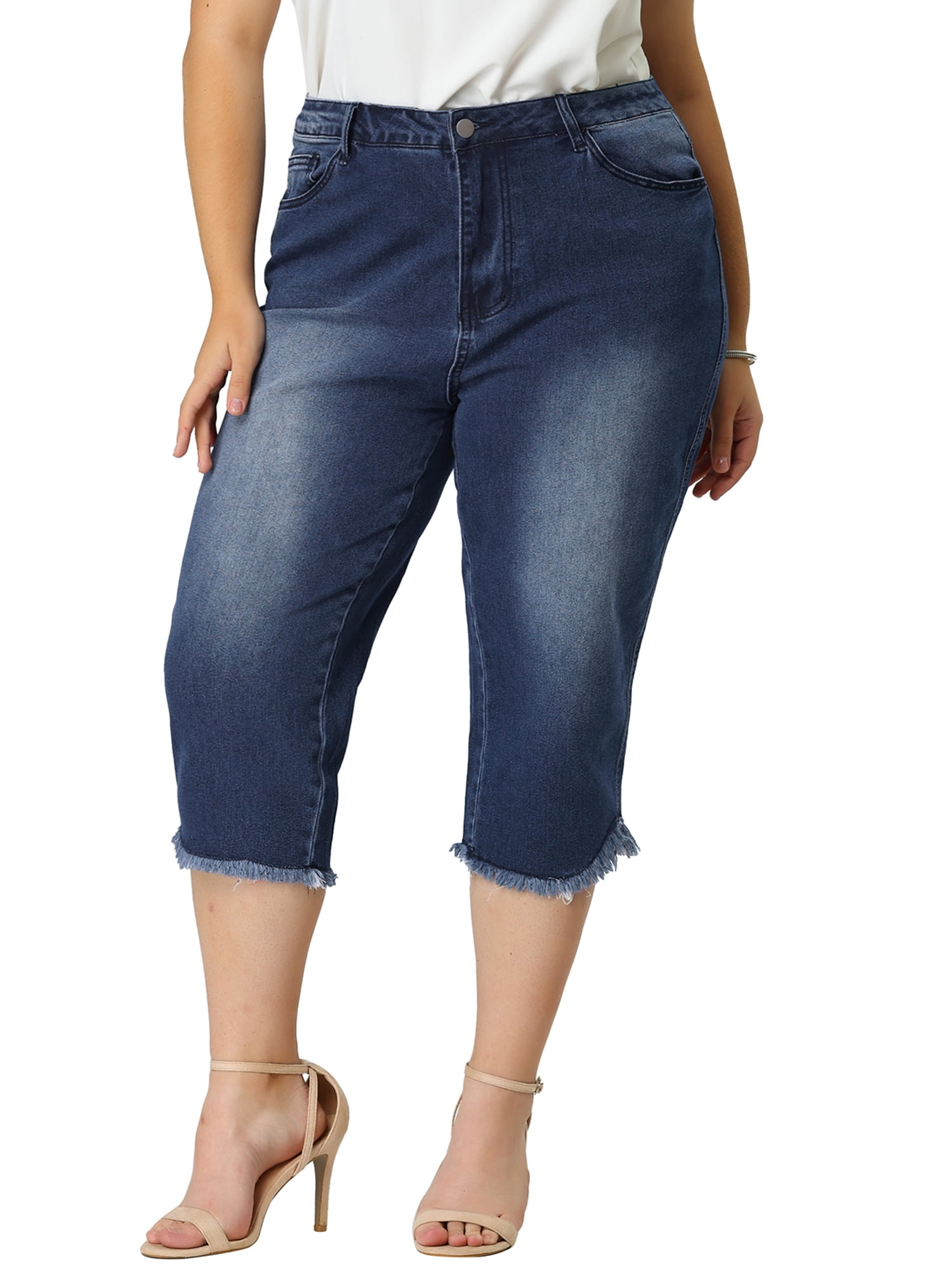 Unique Bargains Women's Plus Capri Frayed Hem Casual Denim Jeans