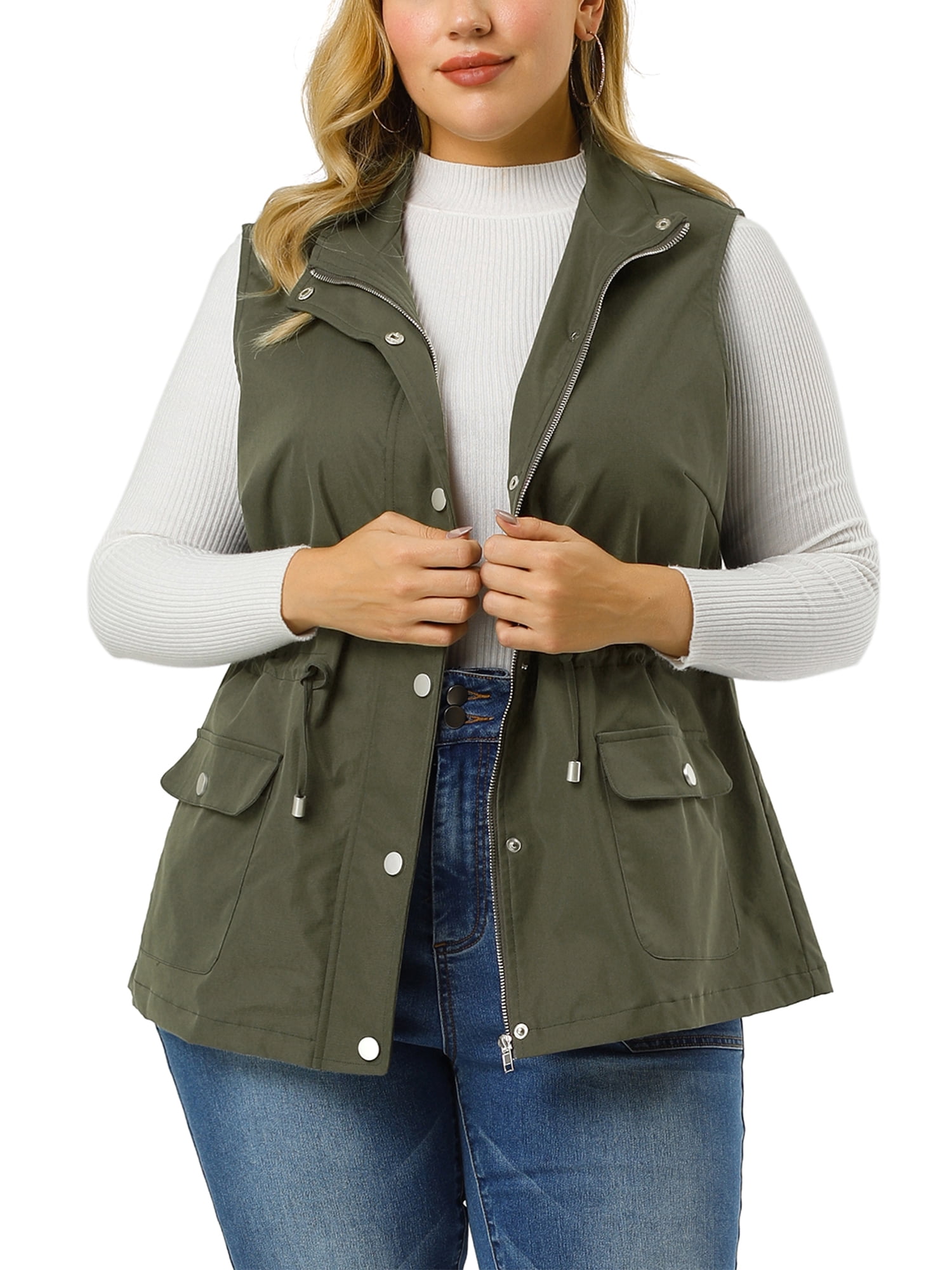 DARING DIVA Women's Plus Size Lightweight Sleeveless Anorak Cargo Vest 2X ArmyGreen