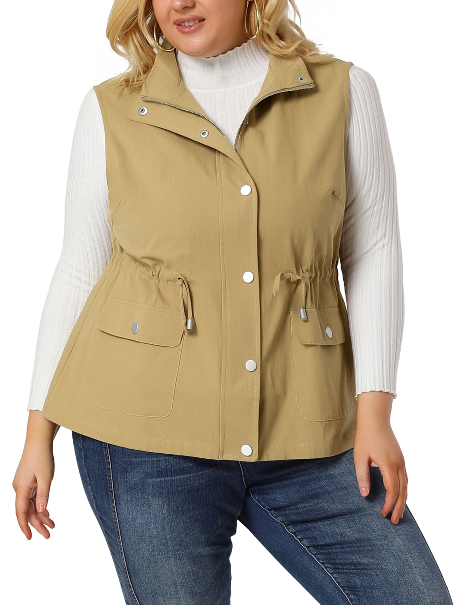 Unique Bargains Women s Plus Cargo Drawstring Waist Sleeveless Jacket Size 4XL Green