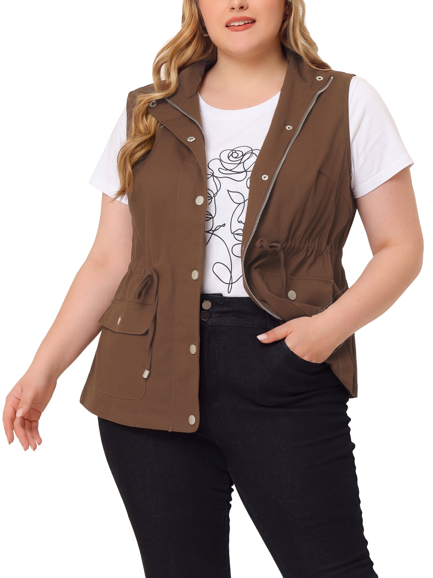 DARING DIVA Women's Plus Size Lightweight Sleeveless Anorak Cargo Vest 2X Brown