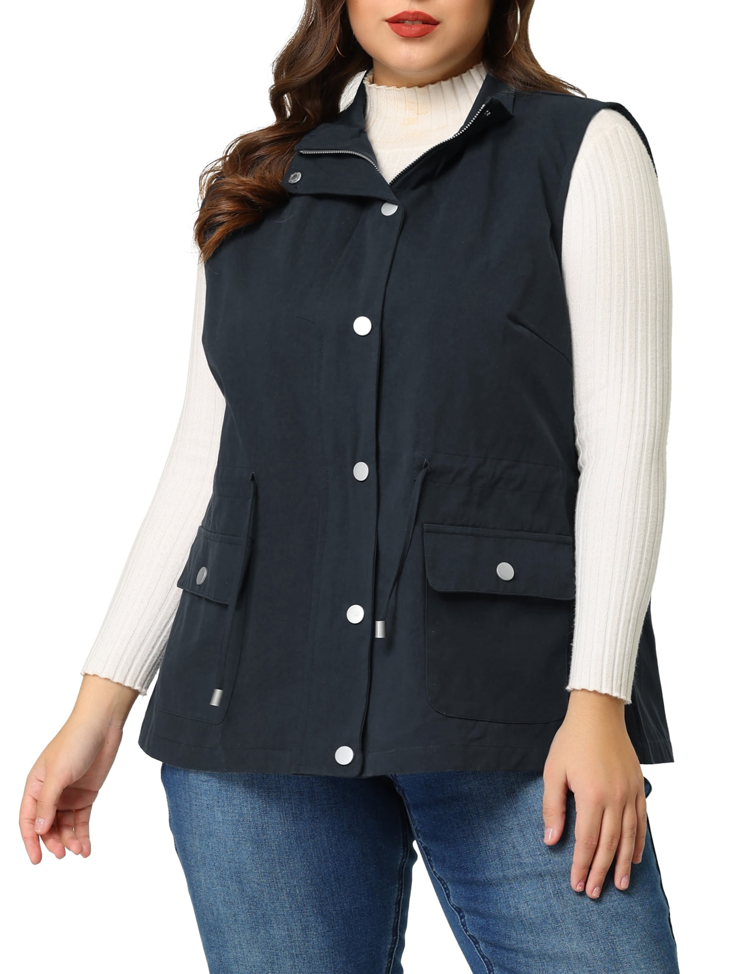 DARING DIVA Women's Plus Size Lightweight Sleeveless Anorak Cargo Vest 3X Navy Blue
