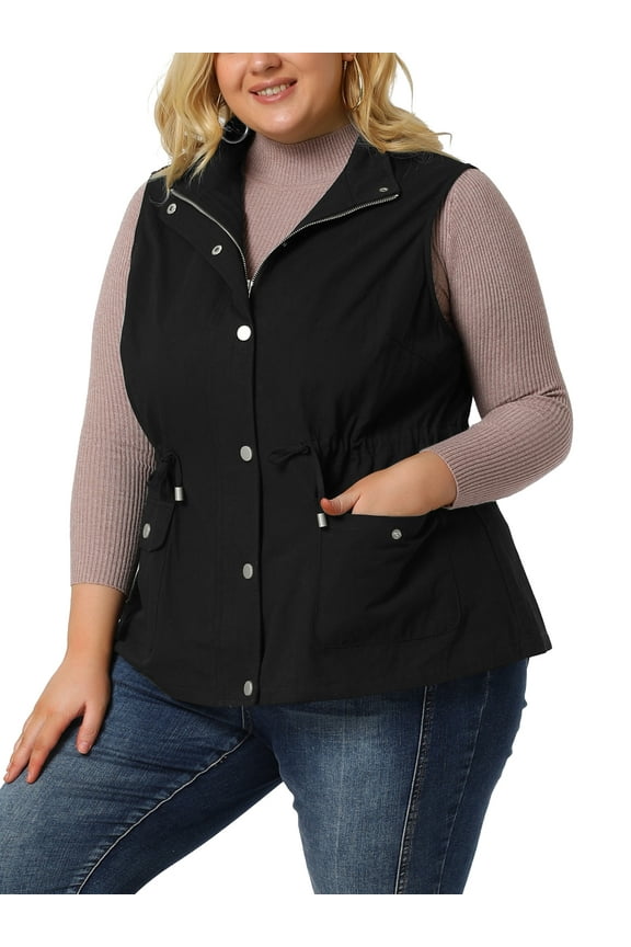 Women's Plus Cargo Drawstring Waist Sleeveless Jacket