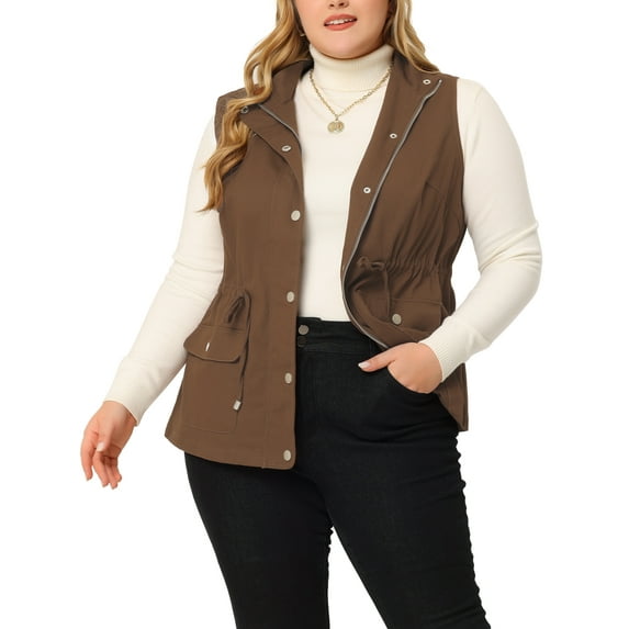 Unique Bargains Women's Plus Cargo Drawstring Waist Sleeveless Jacket