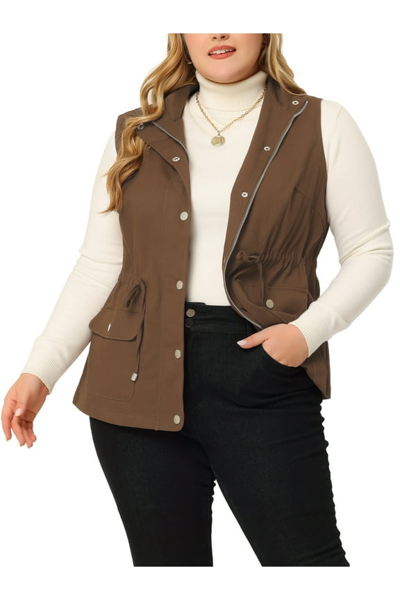Women's Plus Cargo Drawstring Waist Sleeveless Jacket
