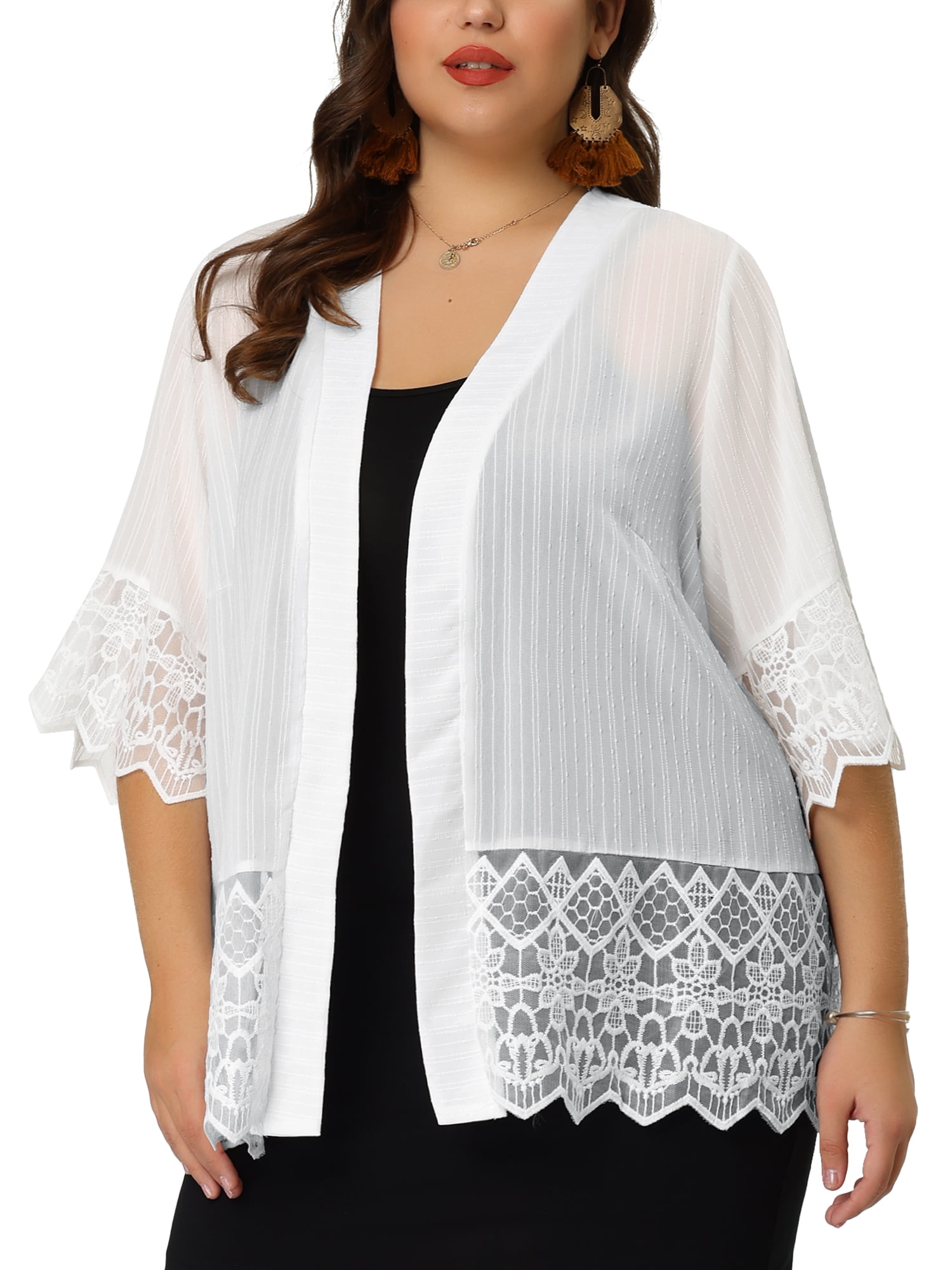 Unique Bargains Women's Plus Cover Up Lace Panel Texture Summer Boho Cardigans