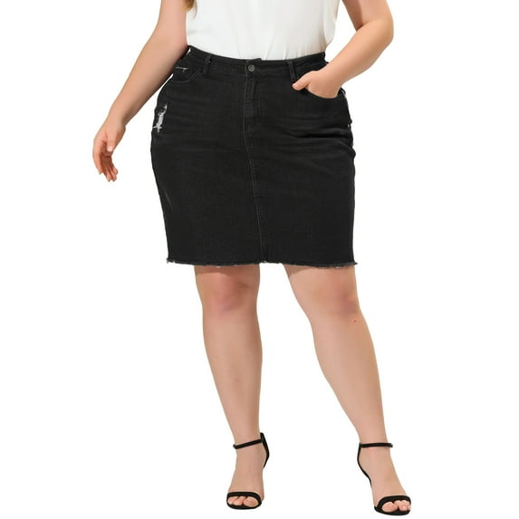 Unique Bargains Women's Plus Denim Ripped Distressed Embroidered A Line Skirts