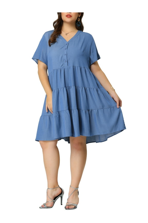 Plus Size Button Down V Neck Tiered Chambray Dress 4X Blue