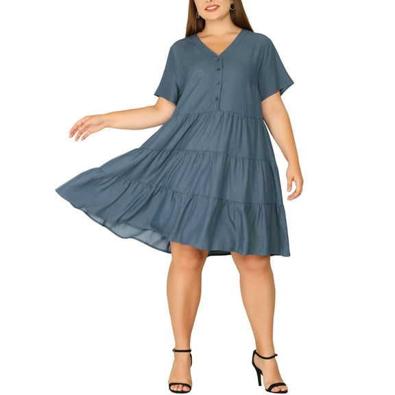 DARING DIVA Plus Size Button Down V Neck Tiered Chambray Dress 1X Grey Black