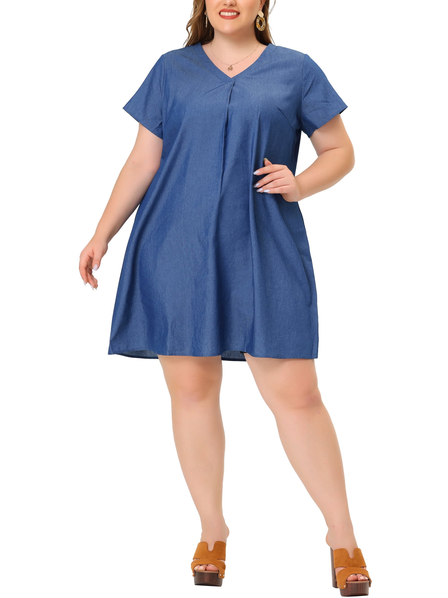 Unique Bargains Women's Plus Denim V Neck Pleat A Line Short Sleeve Dresses  2X Blue
