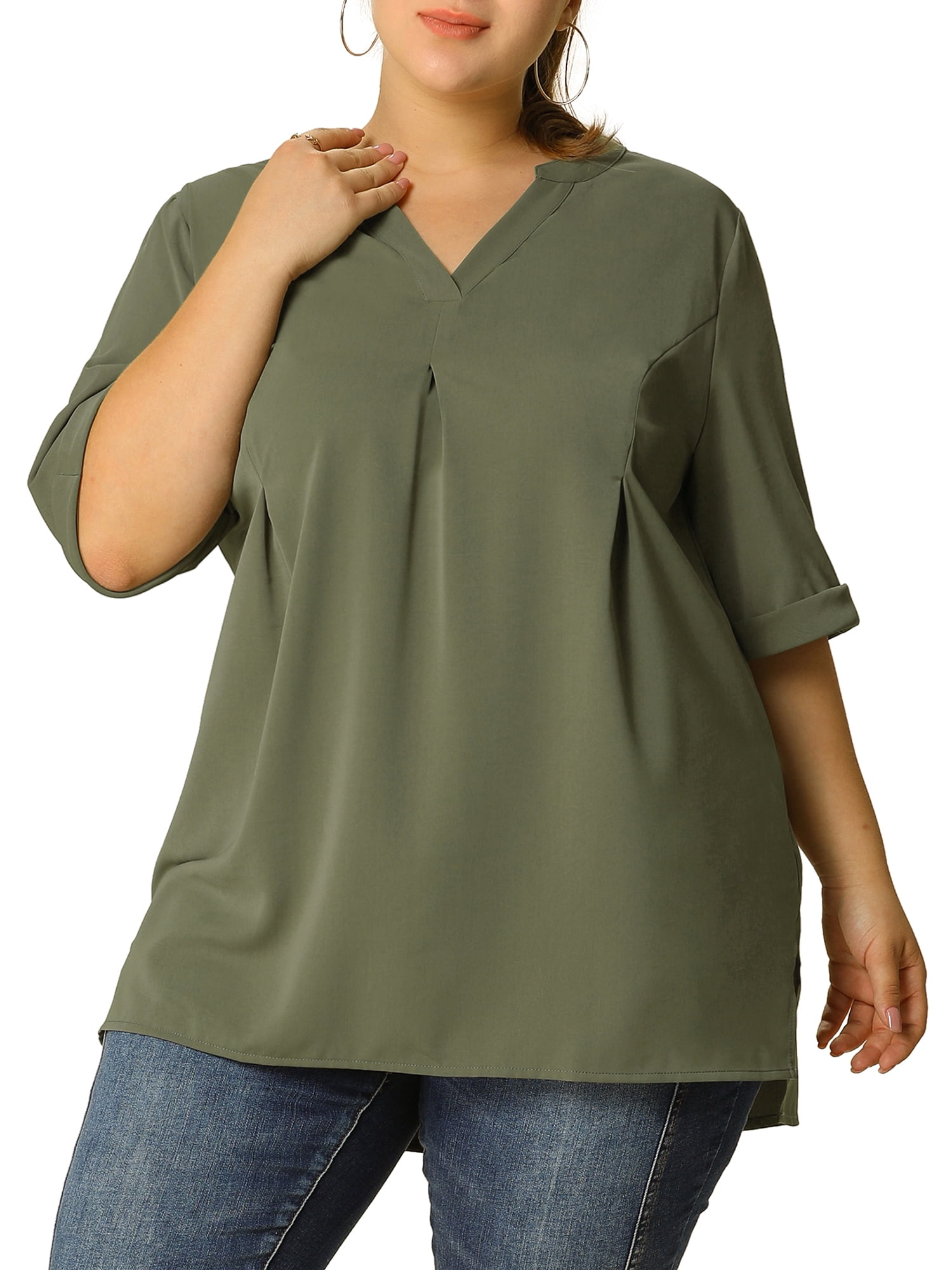 Unique Bargains Women's Plus Dip Hem Blouse V Neck Short Sleeve Tunic Top