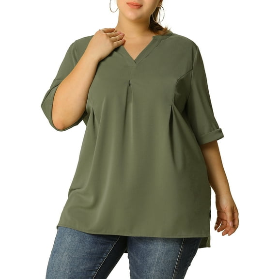 Unique Bargains Women's Plus Dip Hem Blouse V Neck Short Sleeve Tunic Top