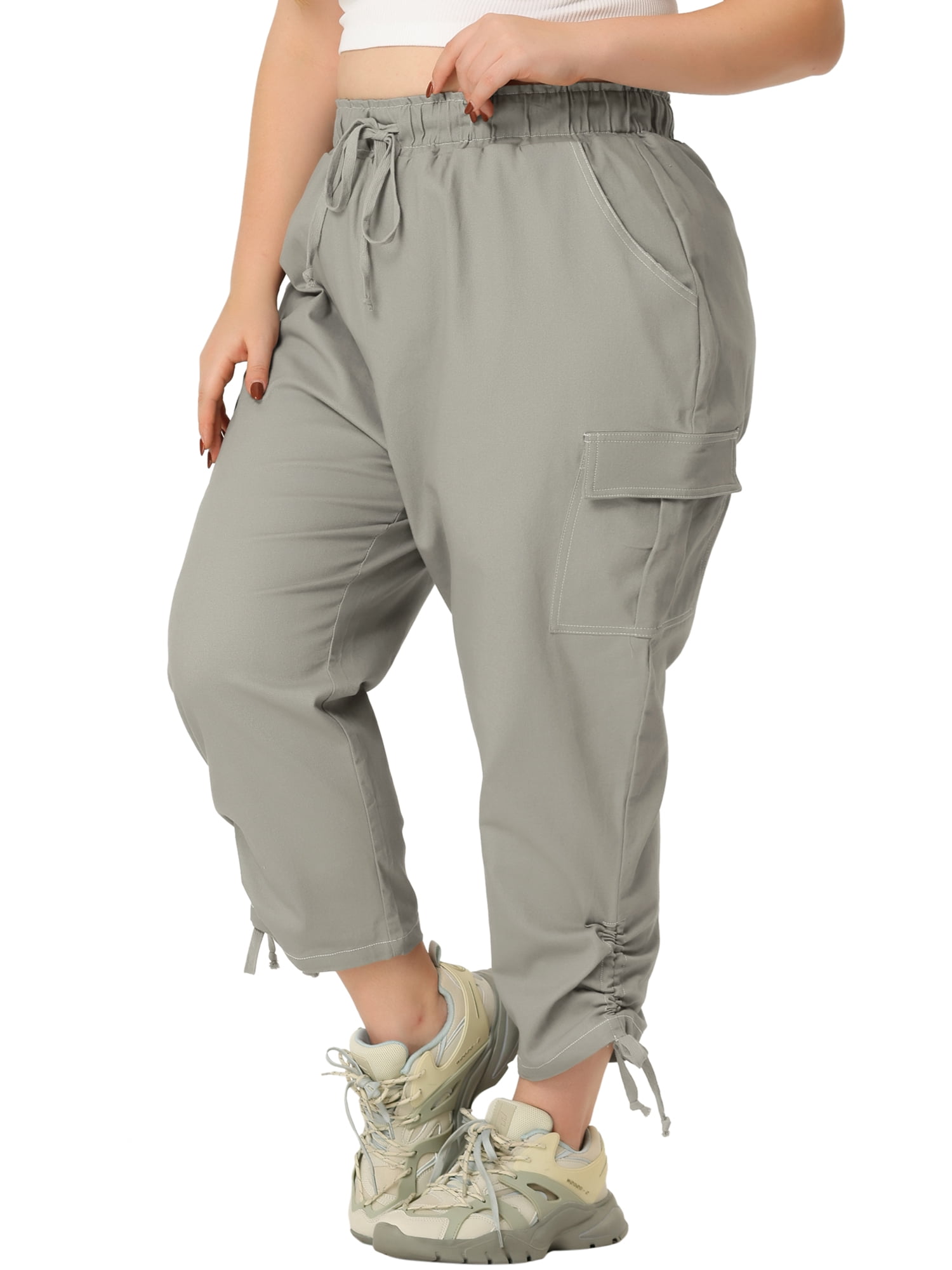 Plus Size Cargo Pants for Women High Waist Drawstring Elastic Waist 4X Gray