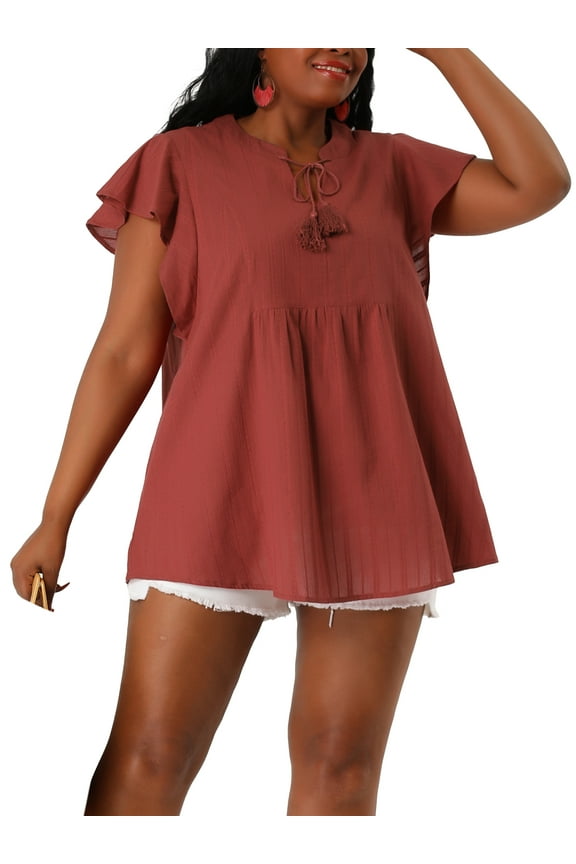 Women's Plus Drawstring Split V Neck Flutter Sleeve Tunic Top