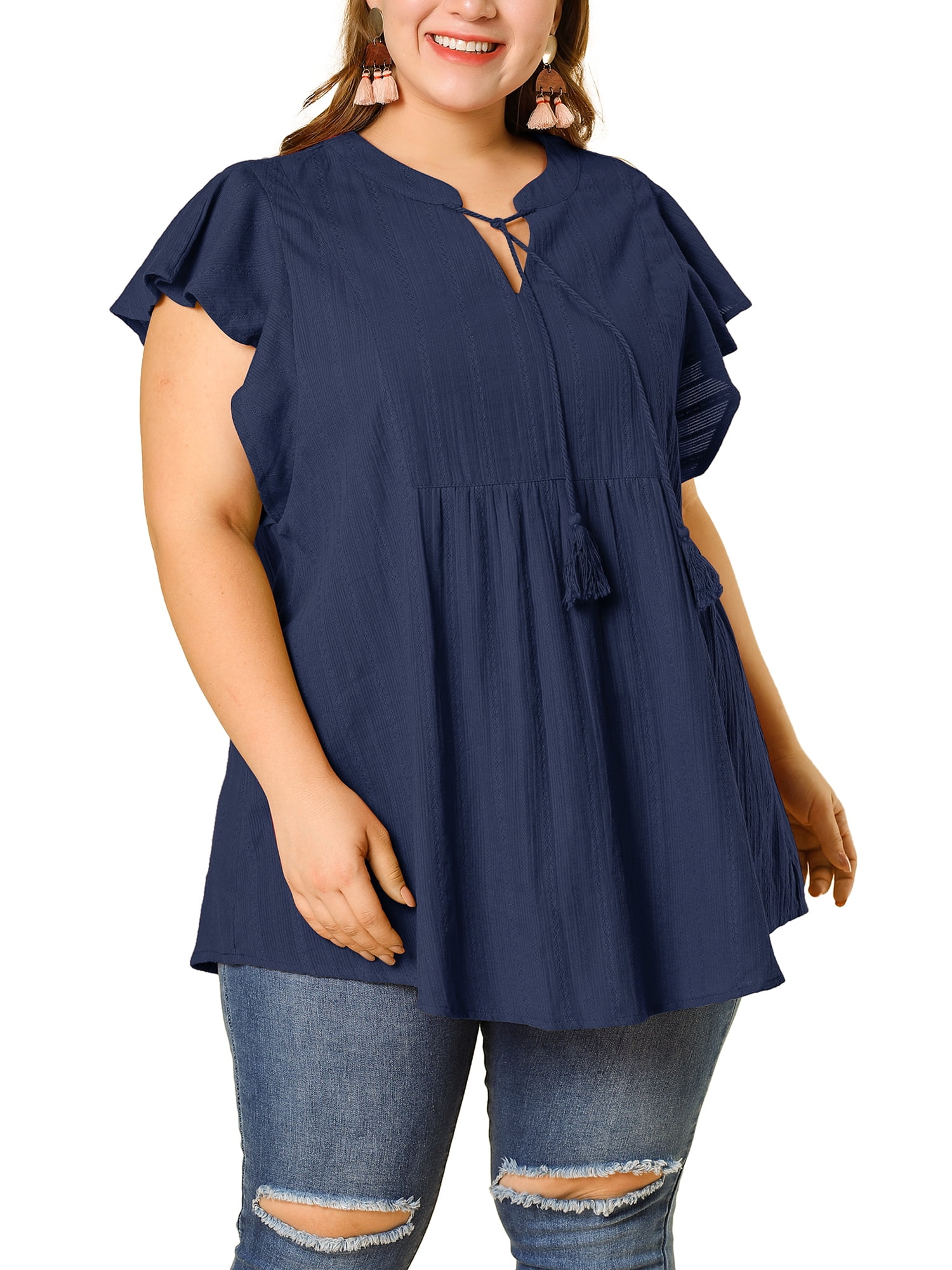 Unique Bargains Women's Plus Drawstring Split V Neck Flutter Sleeve Tunic Top