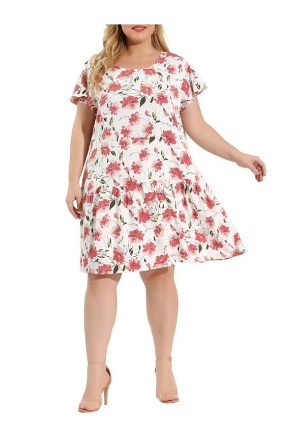 Women's Plus Flare Sleeve Round Neck Tie Belt Ruffle Dresses 4X White