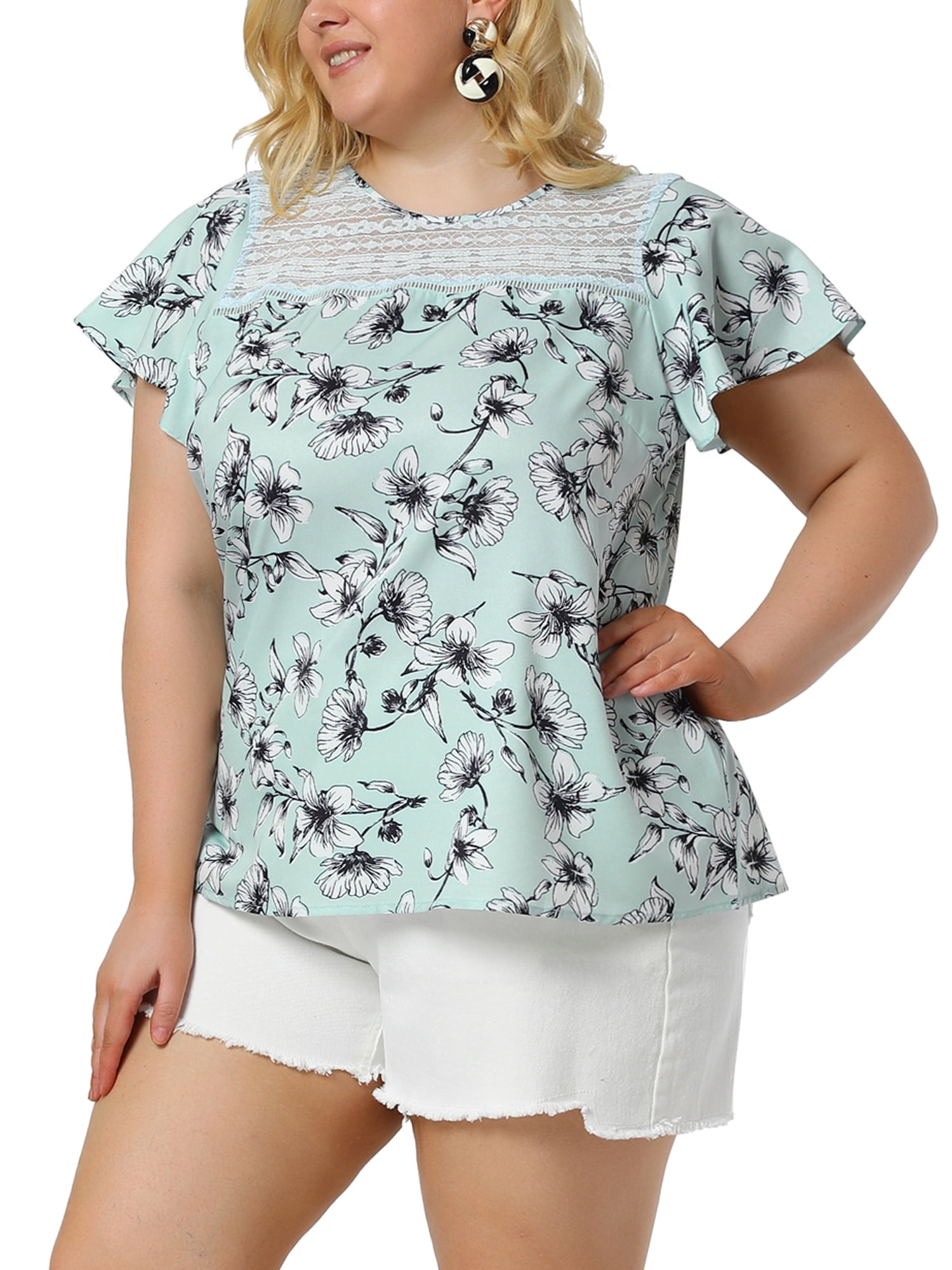 Unique Bargains Women's Plus Size Flared Sleeves Lace Panel Floral Tee 3X Lake Blue