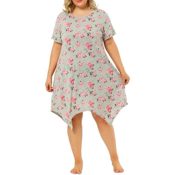 Unique Bargains Women's Plus Floral Nightgown Pajama Cute Irregular Sleep Dress