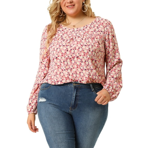 Unique Bargains Women's Plus Floral Ruffle Round Neck Peplum Blouse 1X Pink