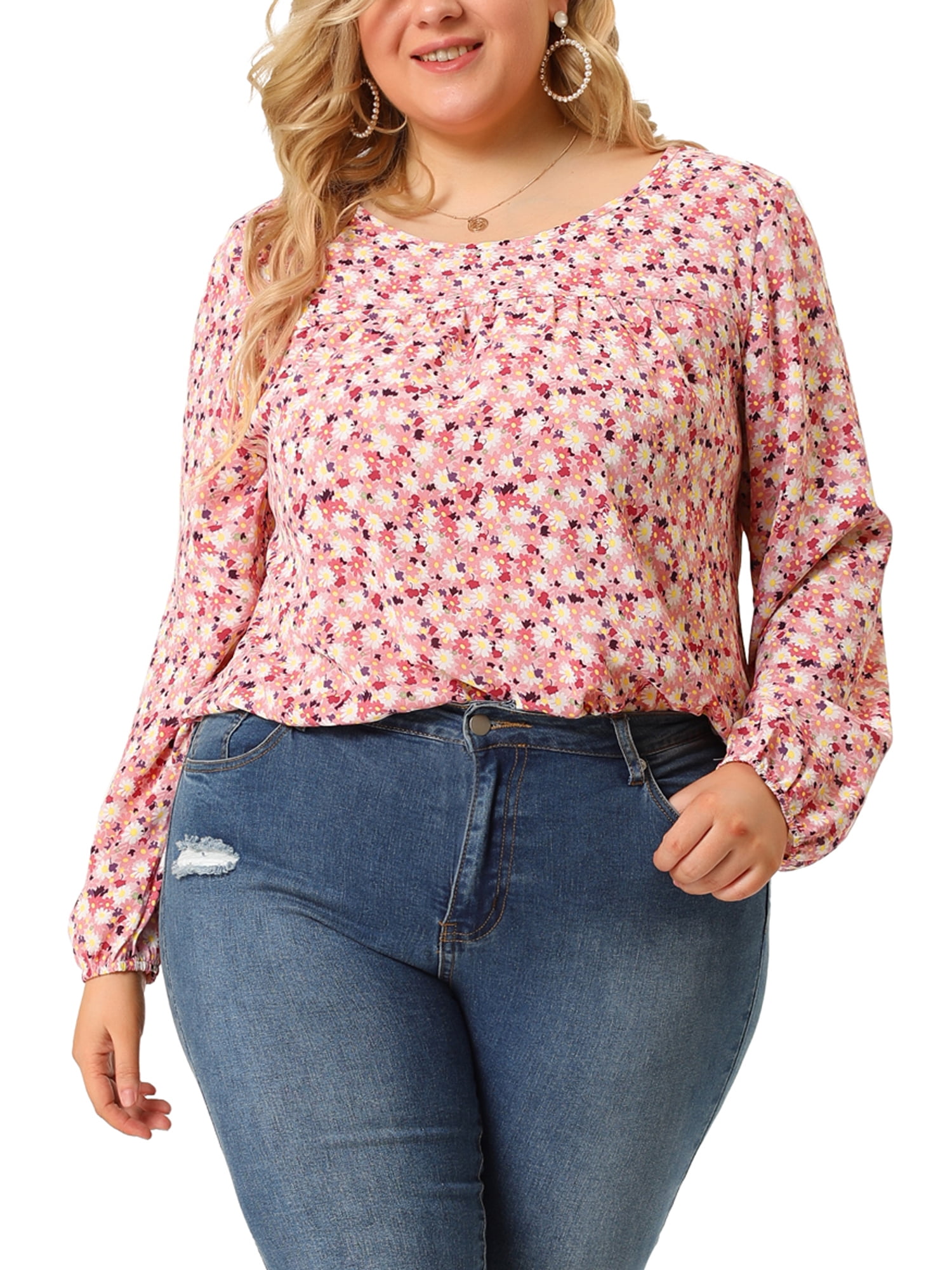 Unique Bargains Women's Plus Size Long Sleeve Floral Print Blouses Tops 2X Pink