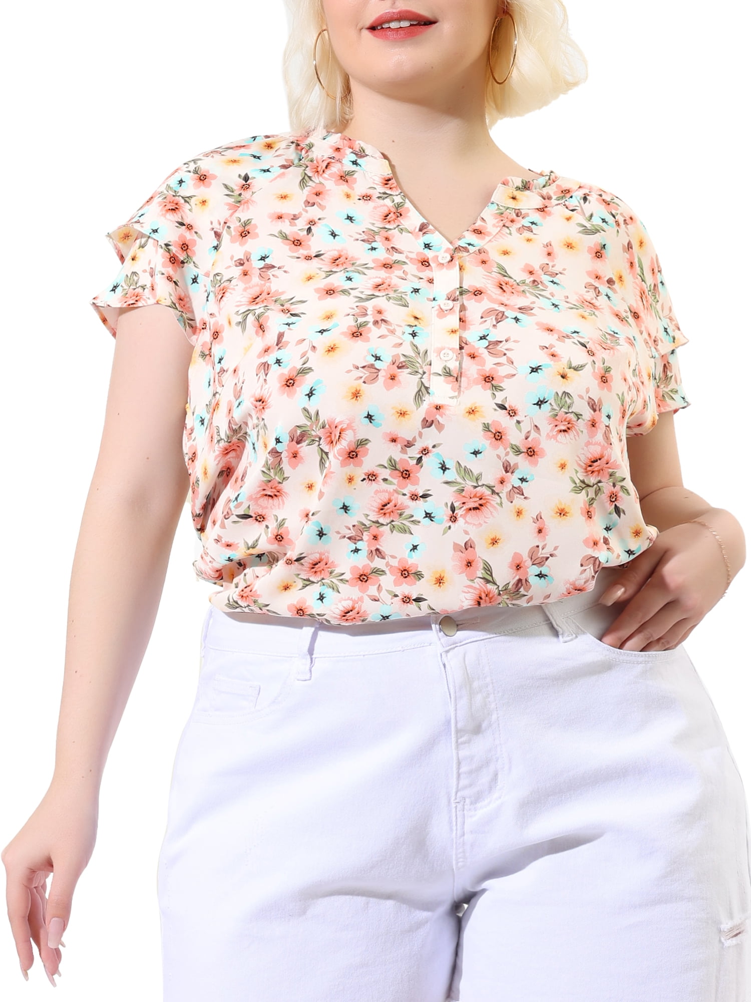 Unique Bargains Women's Plus Size Layered Sleeve V Neck Floral Tops Tunics 1X Pink