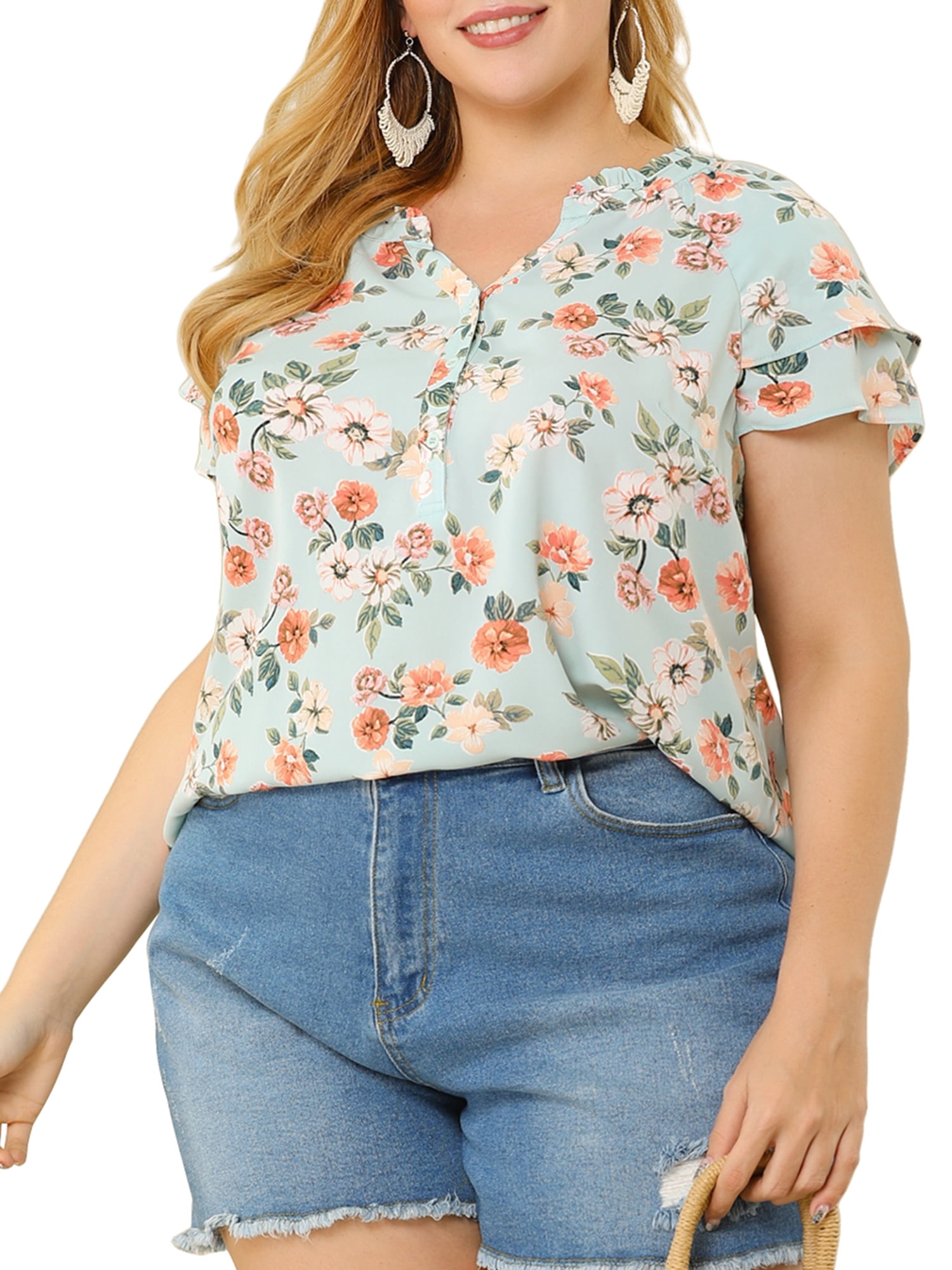 Unique Bargains Women's Plus Size Layered Sleeve V Neck Floral Tops Tunics 4X Light Blue