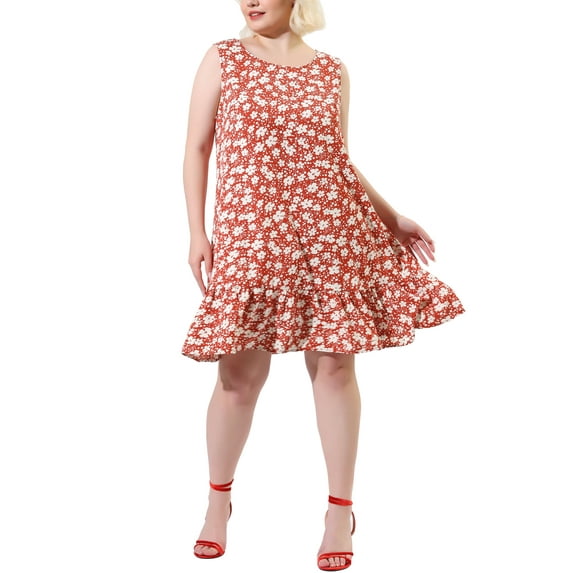 DARING DIVA Plus Floral Sleeveless Ruffle Hem Casual Dress 1X Red