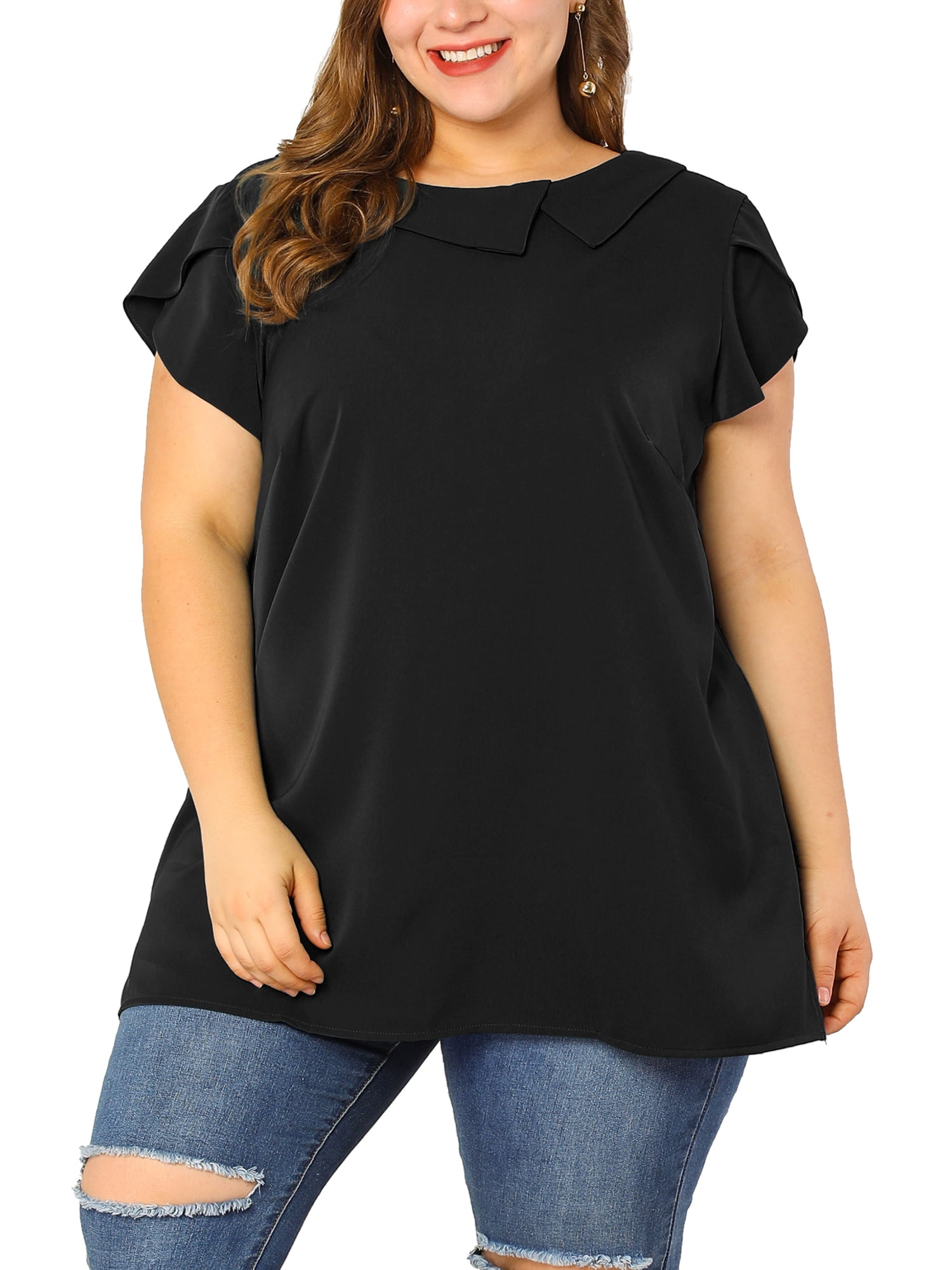 Unique Bargains Women's Plus Size Boat Neck Flutter Sleeve Chiffon Solid Top