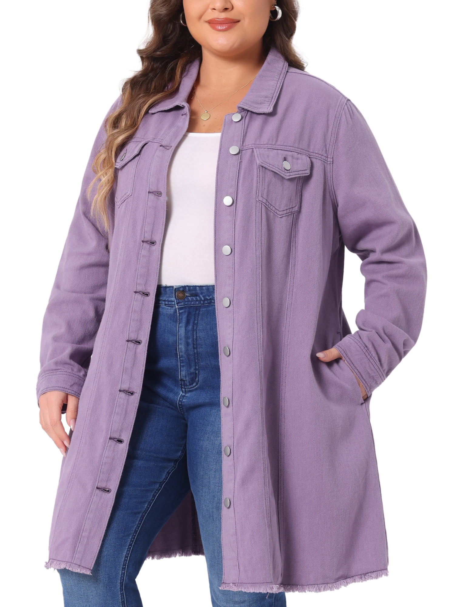 DARING DIVA Women's Plus Size Long Distressed Button Up Denim Jacket 2X Purple