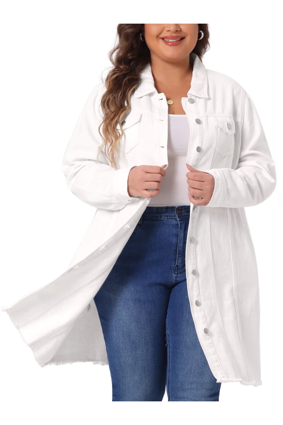 Unique Bargains Women's Plus Jeans Long Sleeve Long Denim Jackets 2X White