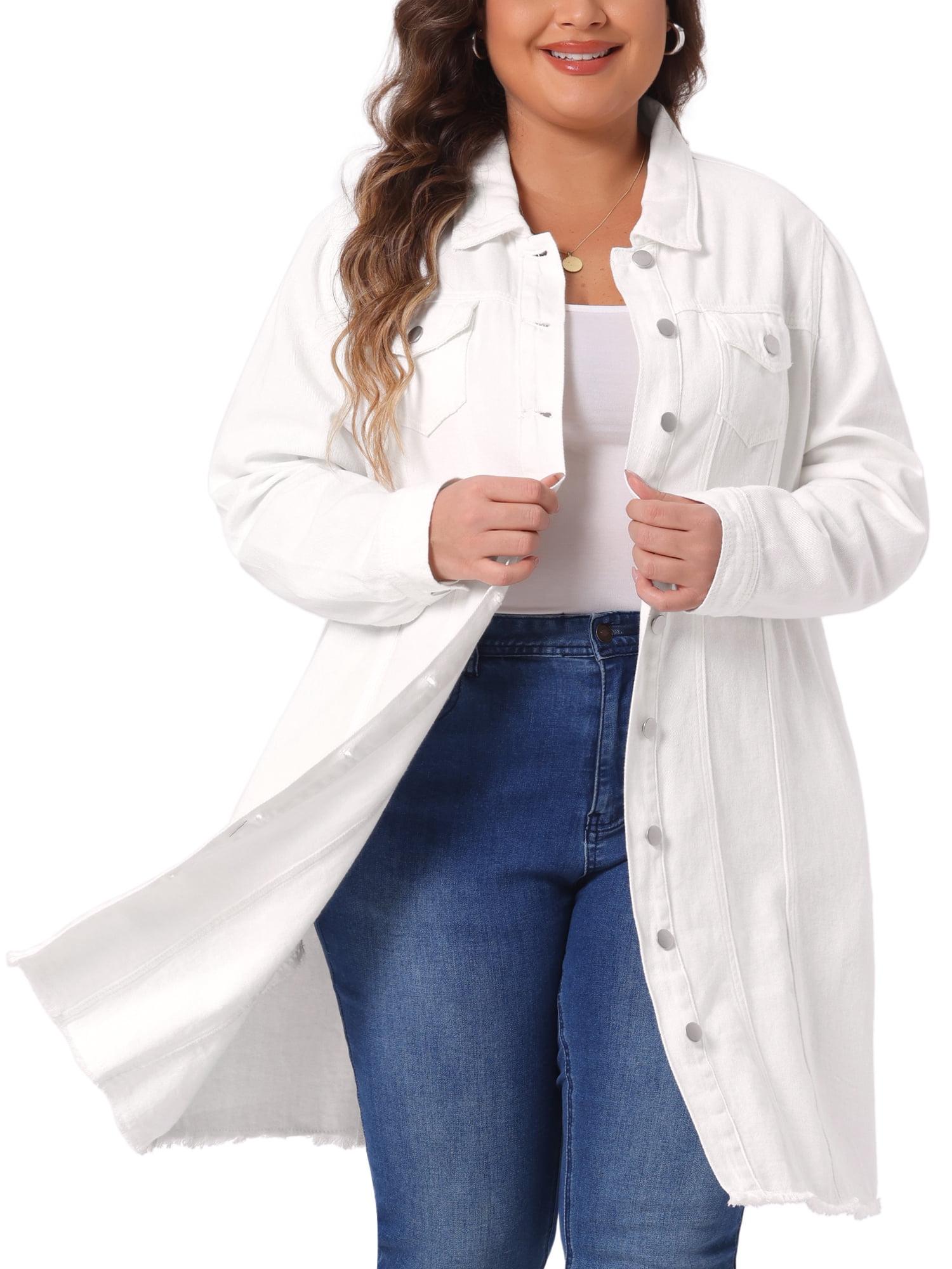 DARING DIVA Women's Plus Size Long Distressed Button Up Denim Jacket 3X White