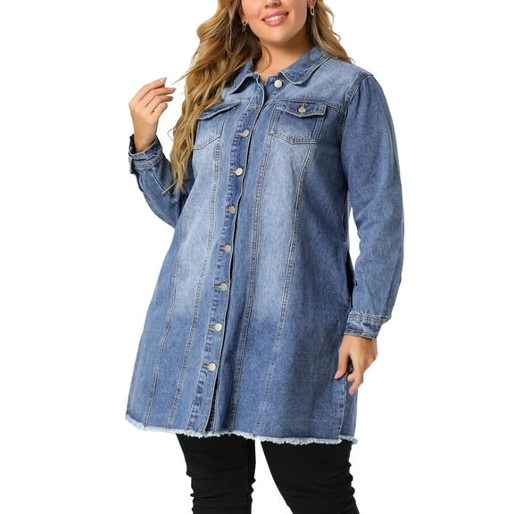 Unique Bargains Women's Plus Jeans Long Sleeve Long Denim Jackets