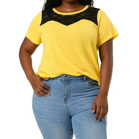 Unique Bargains Women's Plus Lace Panel Round Neck Short Sleeve Blouse