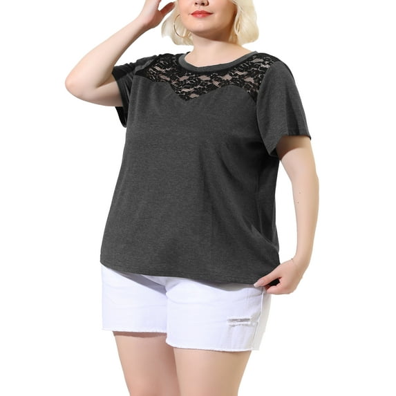 Unique Bargains Women's Plus Lace Panel Round Neck Short Sleeve Blouse
