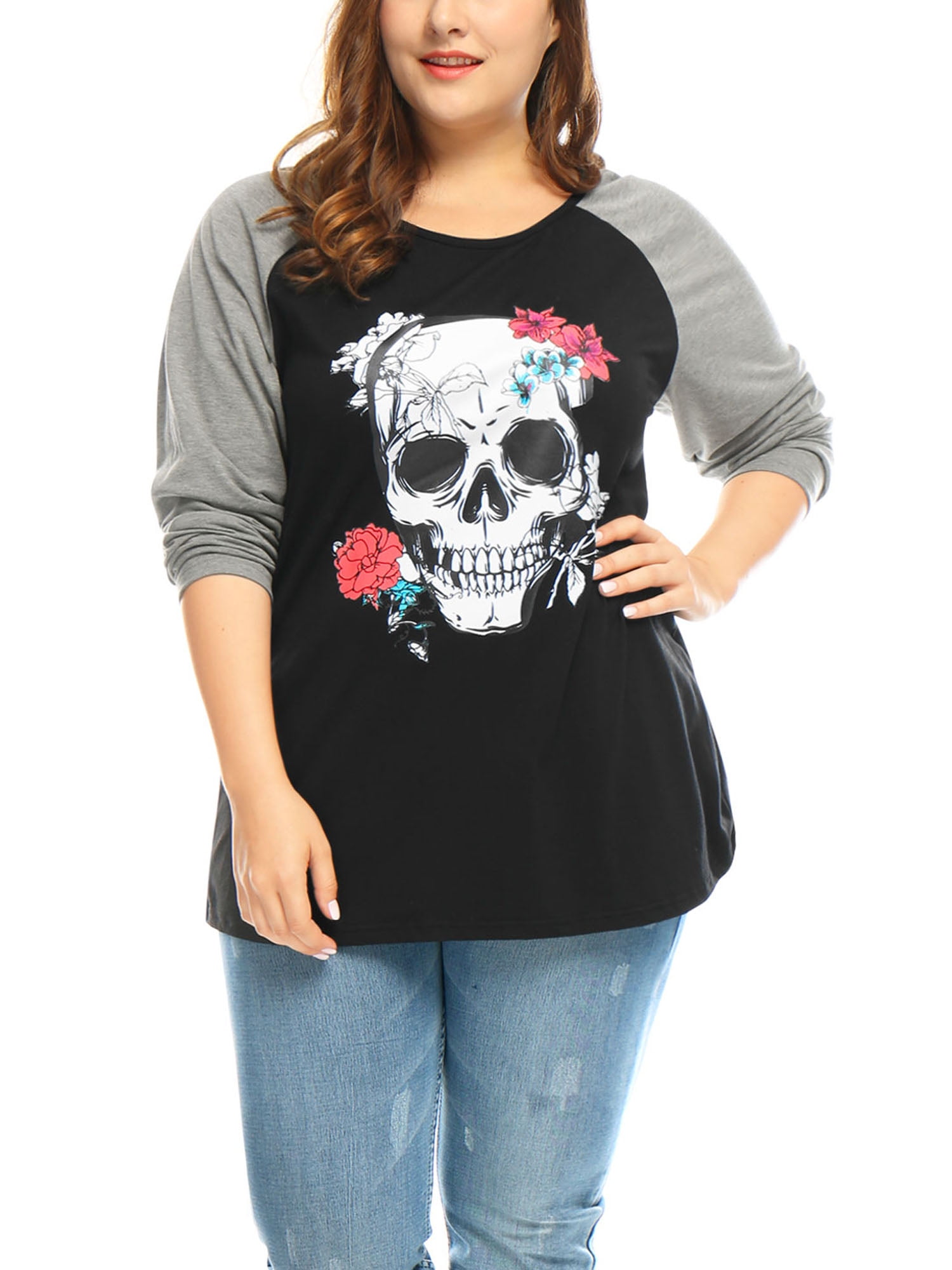 Unique Bargains Women's Plus Long Sleeve Scoop Neck Floral Skull Tops 1X Black