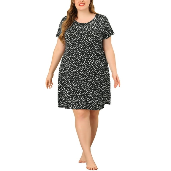 Unique Bargains Women's Plus Nightgown Pattern Short Sleeve Round Neck Sleepwear