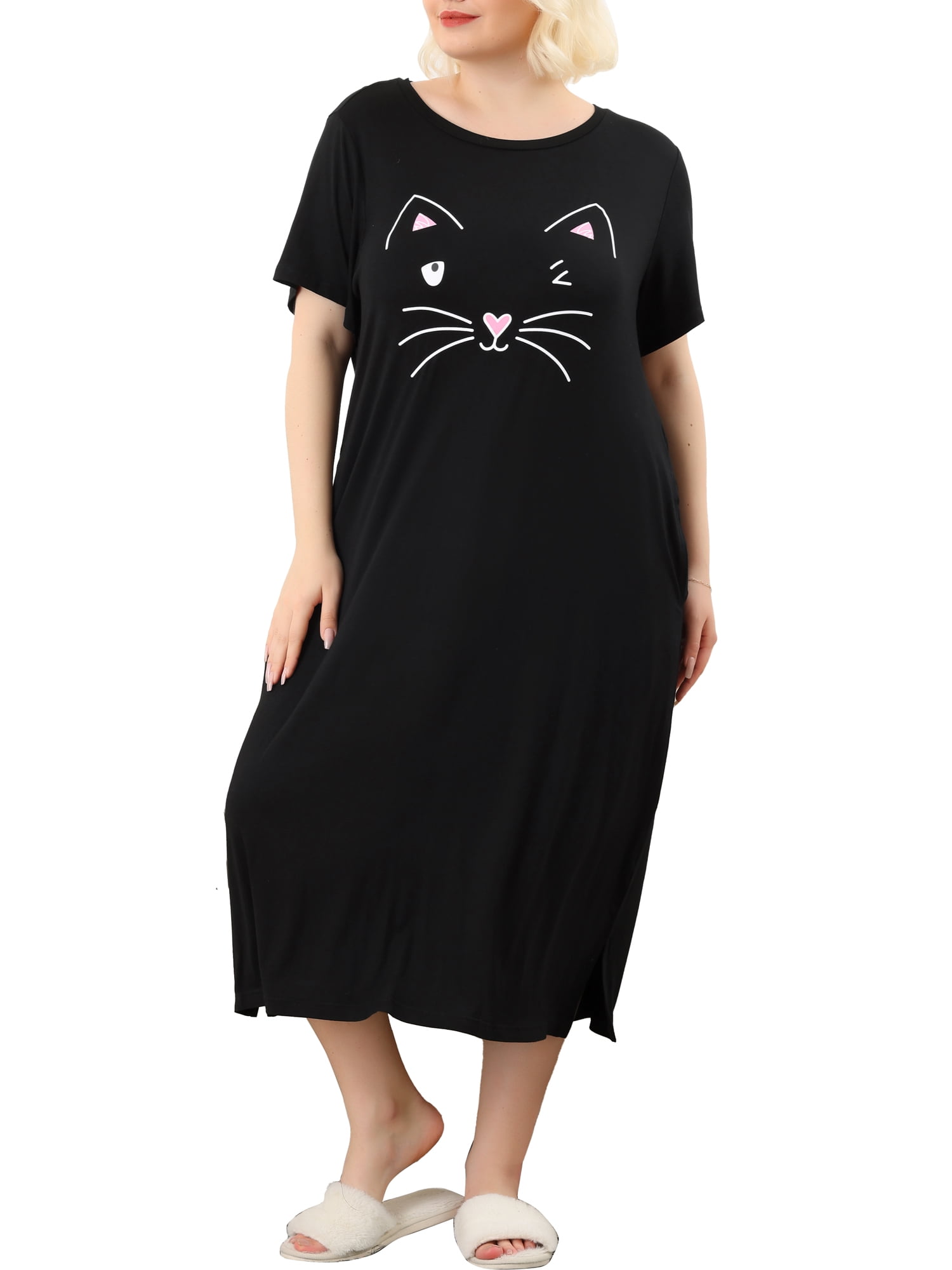 Unique Bargains Women's Plus Nightgown Short Sleeve Cat Print Nightshirt