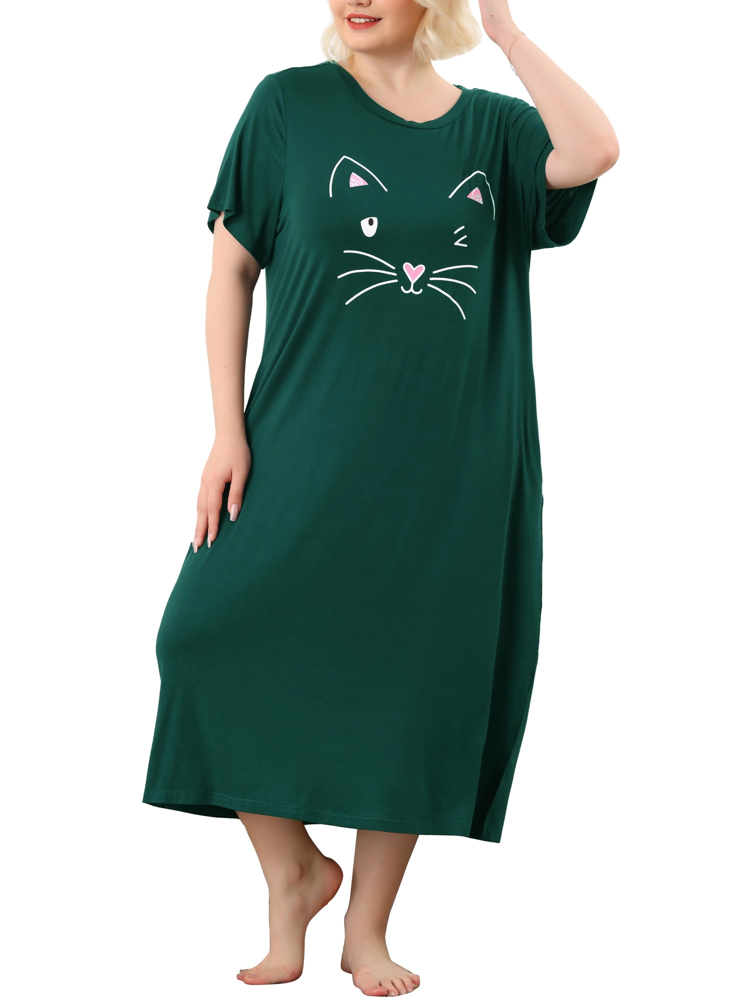 Unique Bargains Women's Plus Nightgown Short Sleeve Cat Print Nightshirt