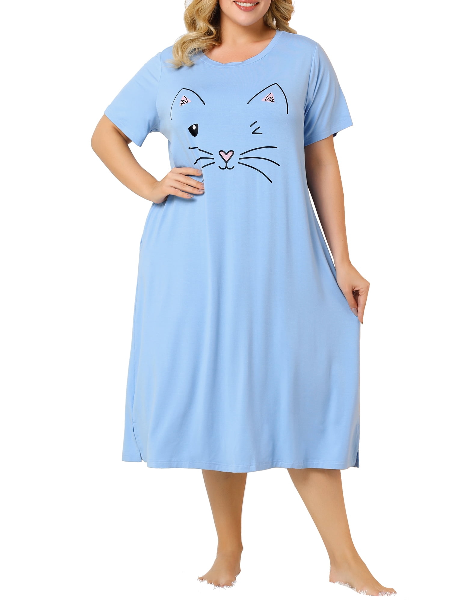 Unique Bargains Women's Plus Nightgown Short Sleeve Cat Print Nightshirt