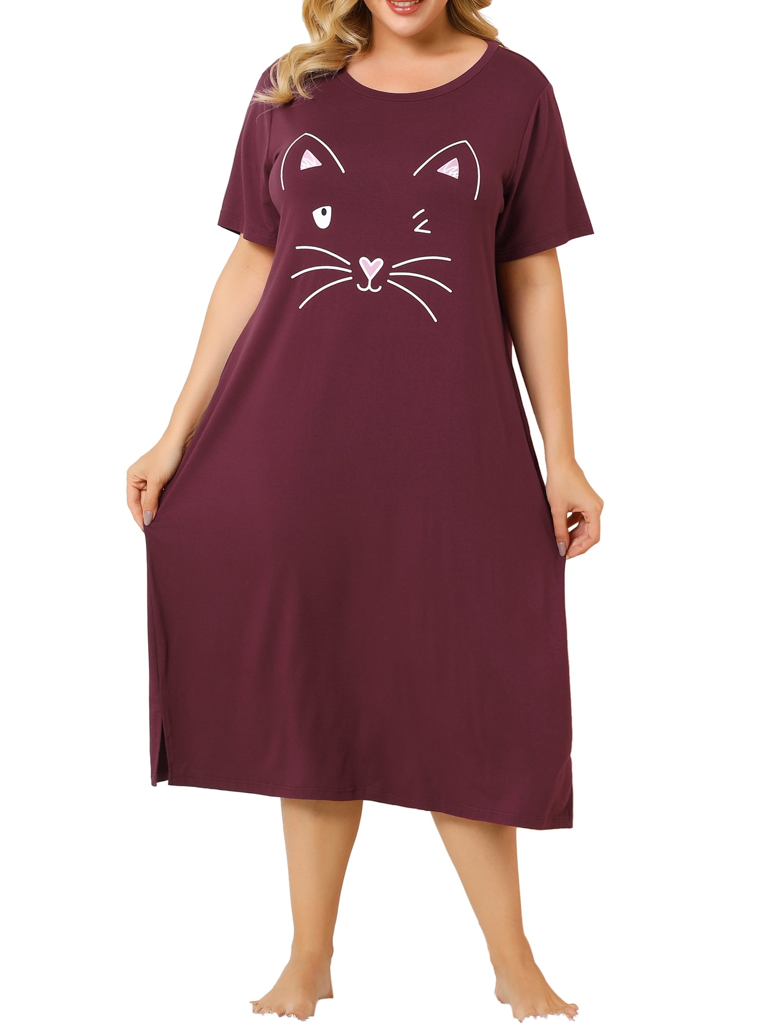 Unique Bargains Women's Plus Nightgown Short Sleeve Cat Print