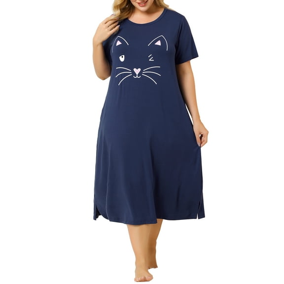 Unique Bargains Women's Plus Nightgown Short Sleeve Cat Print Nightshirt