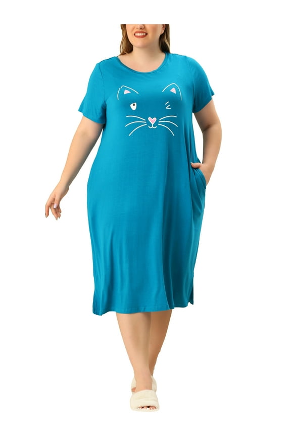 Women's Plus Nightgown Short Sleeve Cat Print Nightshirt