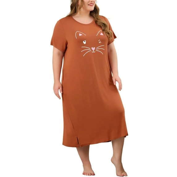 Unique Bargains Women's Plus Nightgown Short Sleeve Cat Print Nightshirt