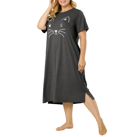 Unique Bargains Women's Plus Nightgown Short Sleeve Cat Print Nightshirt