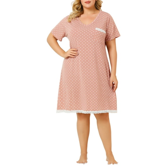 Unique Bargains Women's Plus Nightgown V Neck Dots Short Sleeve Sleepwear
